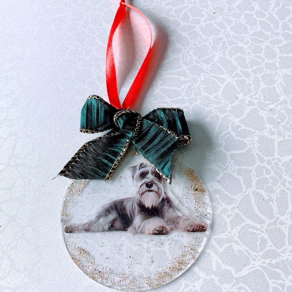 Schnauzer Dog Ornament with Red Ribbon  or car mirror dangle
